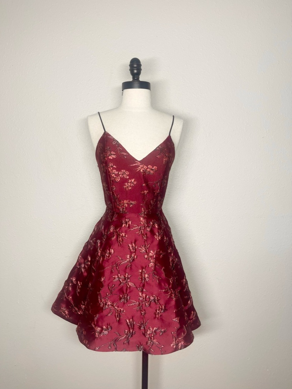 Alice + Olivia Burgundy Floral Jacquard Spaghetti-Strap Mini Dress